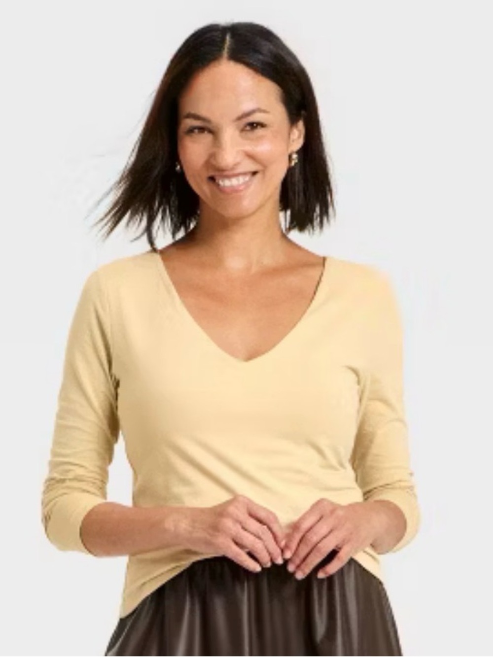 Women’s V-Neck Long Sleeve Top in Tan